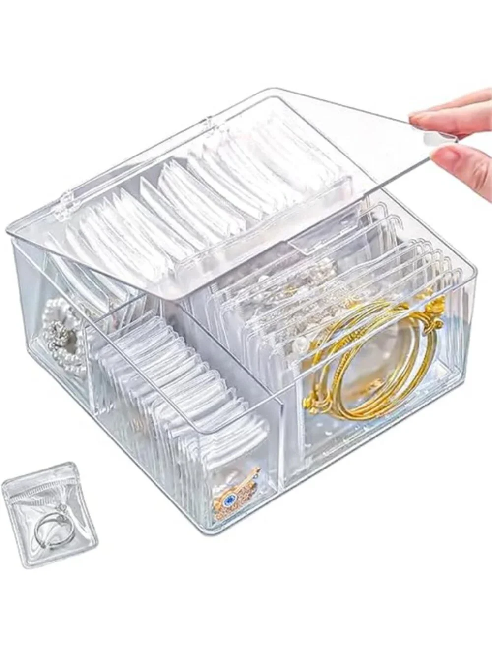 Clear Jewelry Organizer Box 60 Anti Tarnish Bags Ring Earring Necklace Storage